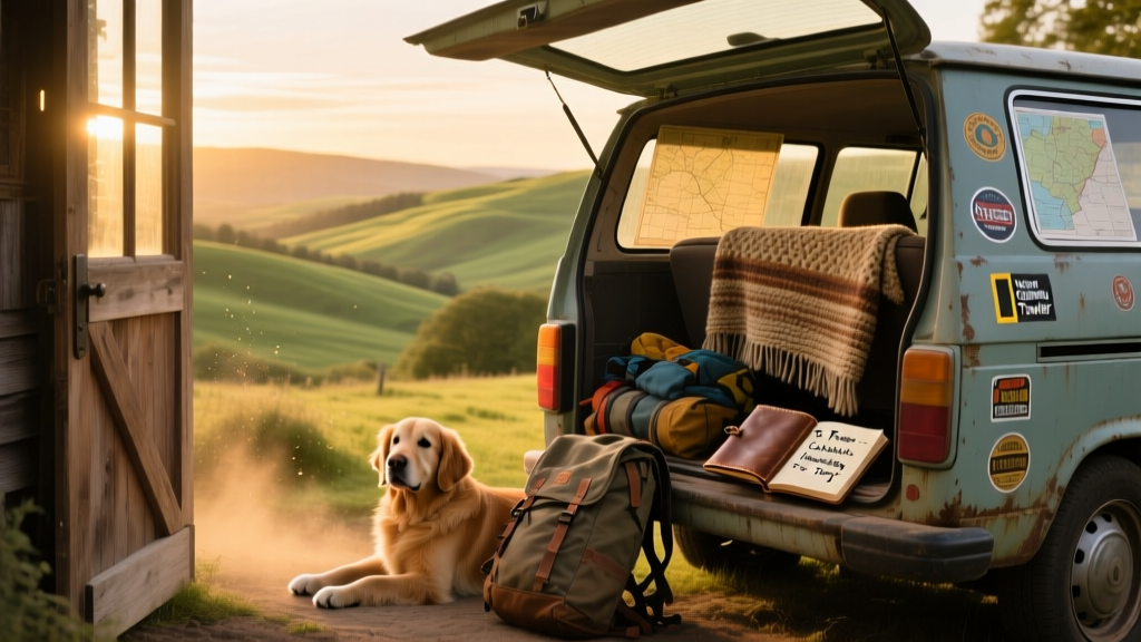 A scenic view through an open farmhouse back door, showing lush hills and a packed van ready for adventure