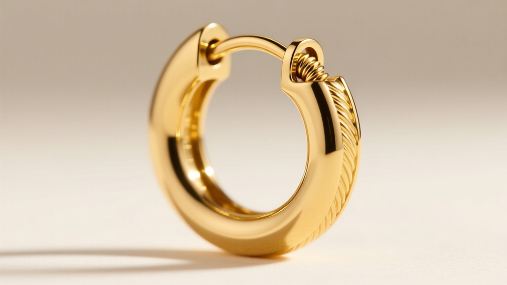 Macro shot of a 14k solid yellow gold huggie hoop earring revealing intricate hinge details and a secure clicker closure.