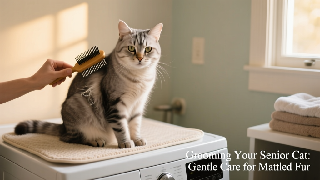 Senior cat sitting calmly on a non-slip bath mat placed on a closed dryer, being gently brushed
