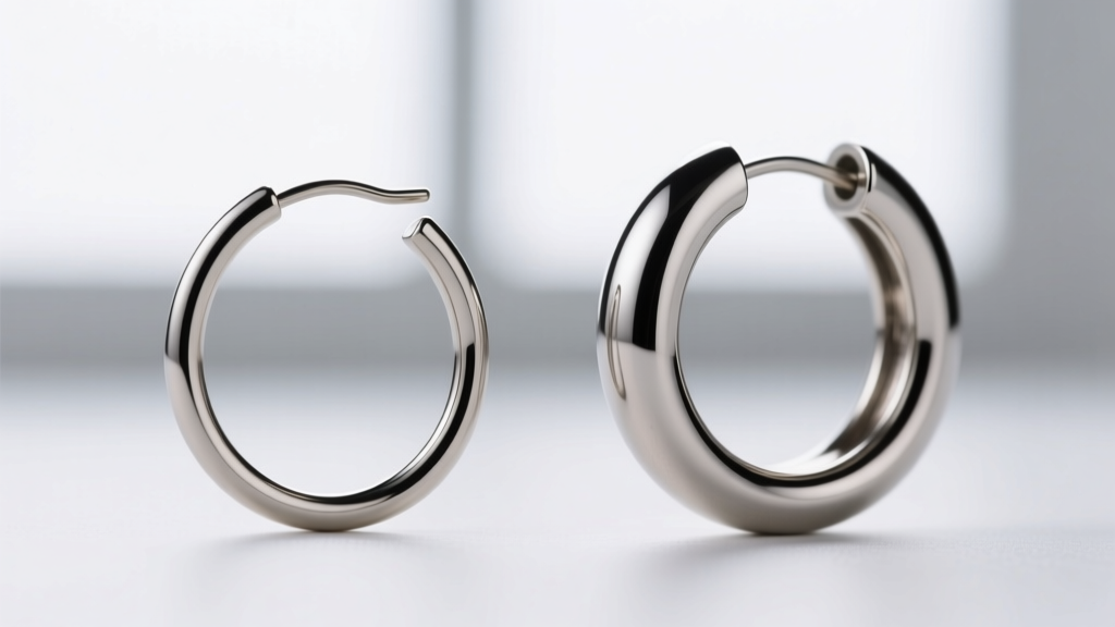 Side-by-side macro comparison of an 18-gauge and 16-gauge titanium 25mm hoop earring showing exact wire thickness differences