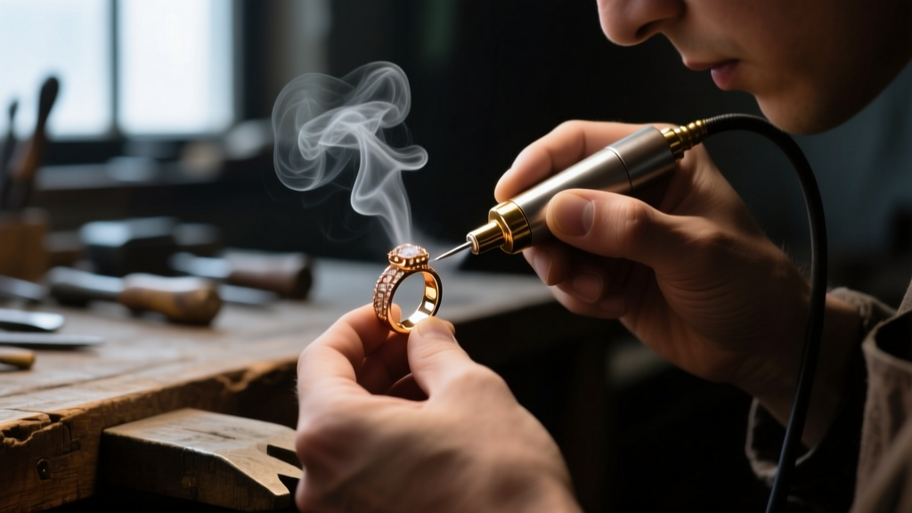 Jeweler using a steam cleaner on an 18k rose gold ring, capturing the bright metal reflection and escaping steam in a dim workshop