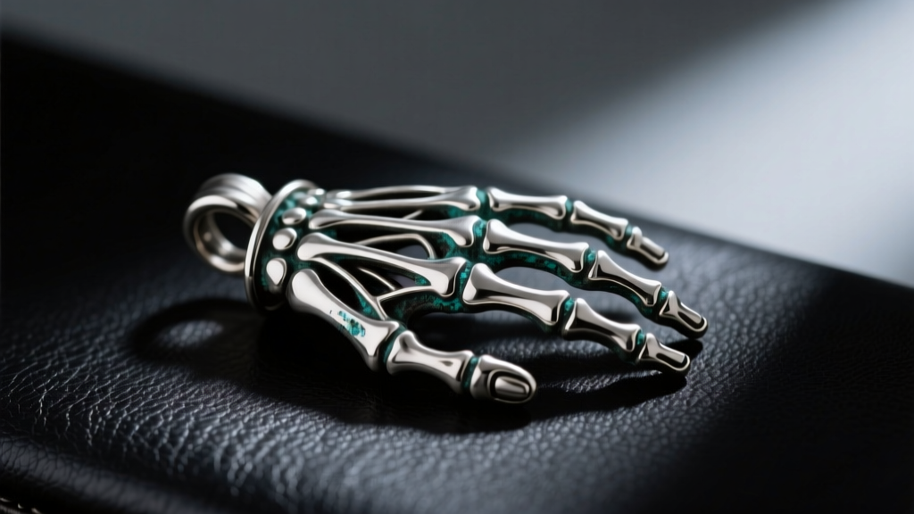 Close-up of an oxidized sterling silver anatomical hand pendant resting on a black leather surface, moody studio lighting, macro