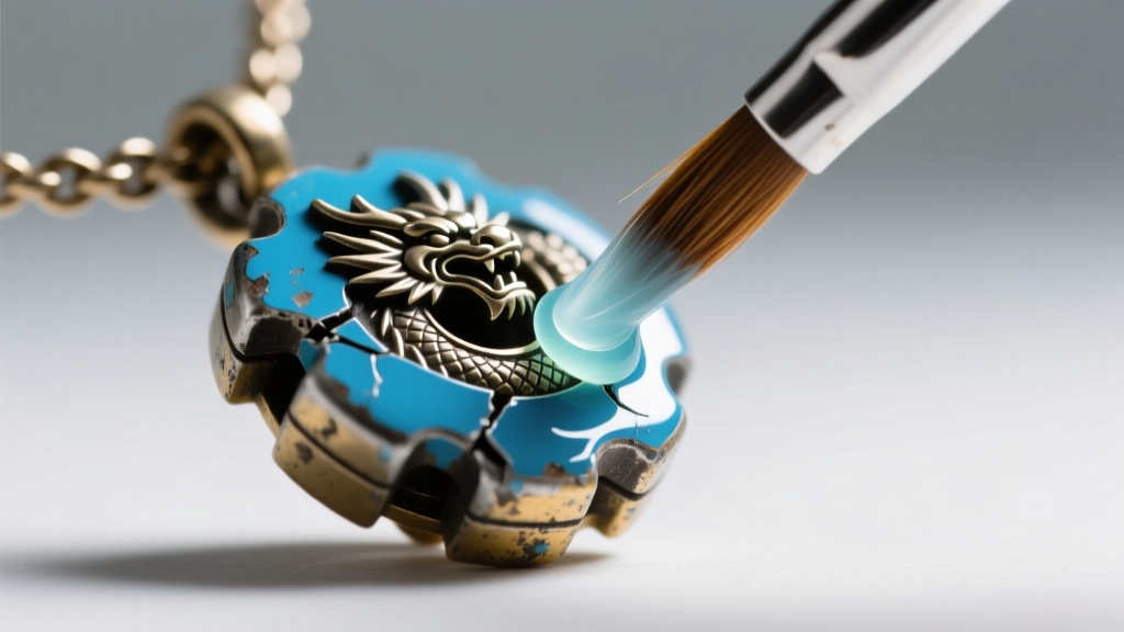 A fine detail brush applying clear UV resin over a chipped blue paint section on a vintage die-cast Dragoon Beyblade necklace.