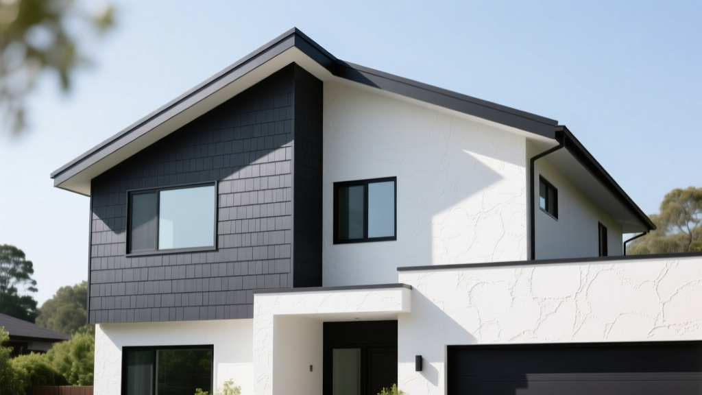 Modern home exterior featuring charcoal fiber cement lap siding and textured white stucco under bright daylight