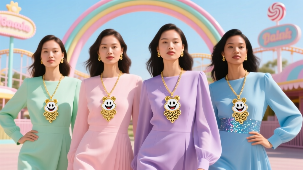 Four women in pastel theme-park outfits proudly displaying identical gold-plated enamel character necklaces in bright sunlight.