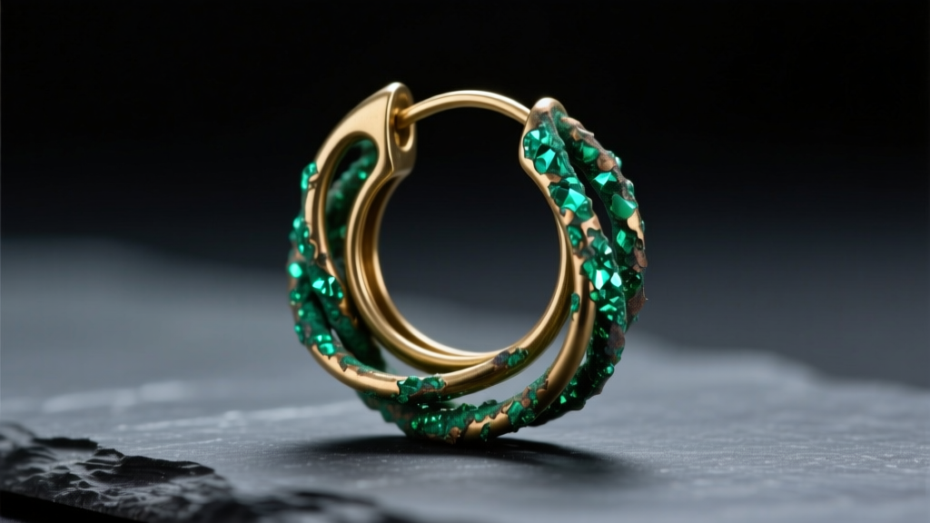 Macro shot of a tarnished 20-gauge brass hoop earring on dark slate, highlighting green verdigris oxidation along the wire curve.