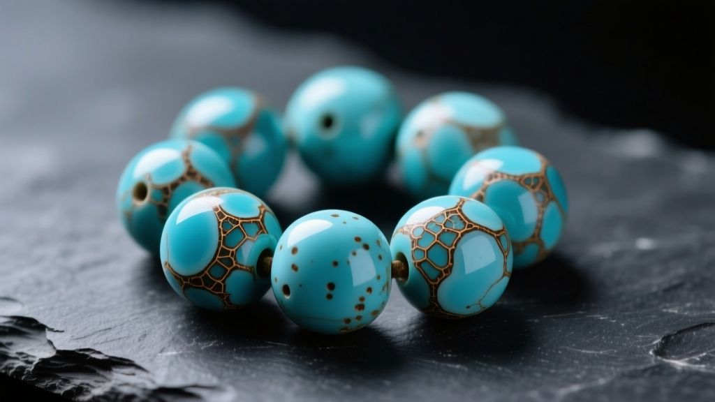 Macro photo of vintage turquoise beads on dark slate, showing brown matrix webbing, natural pitting, and sky-blue color shifts.