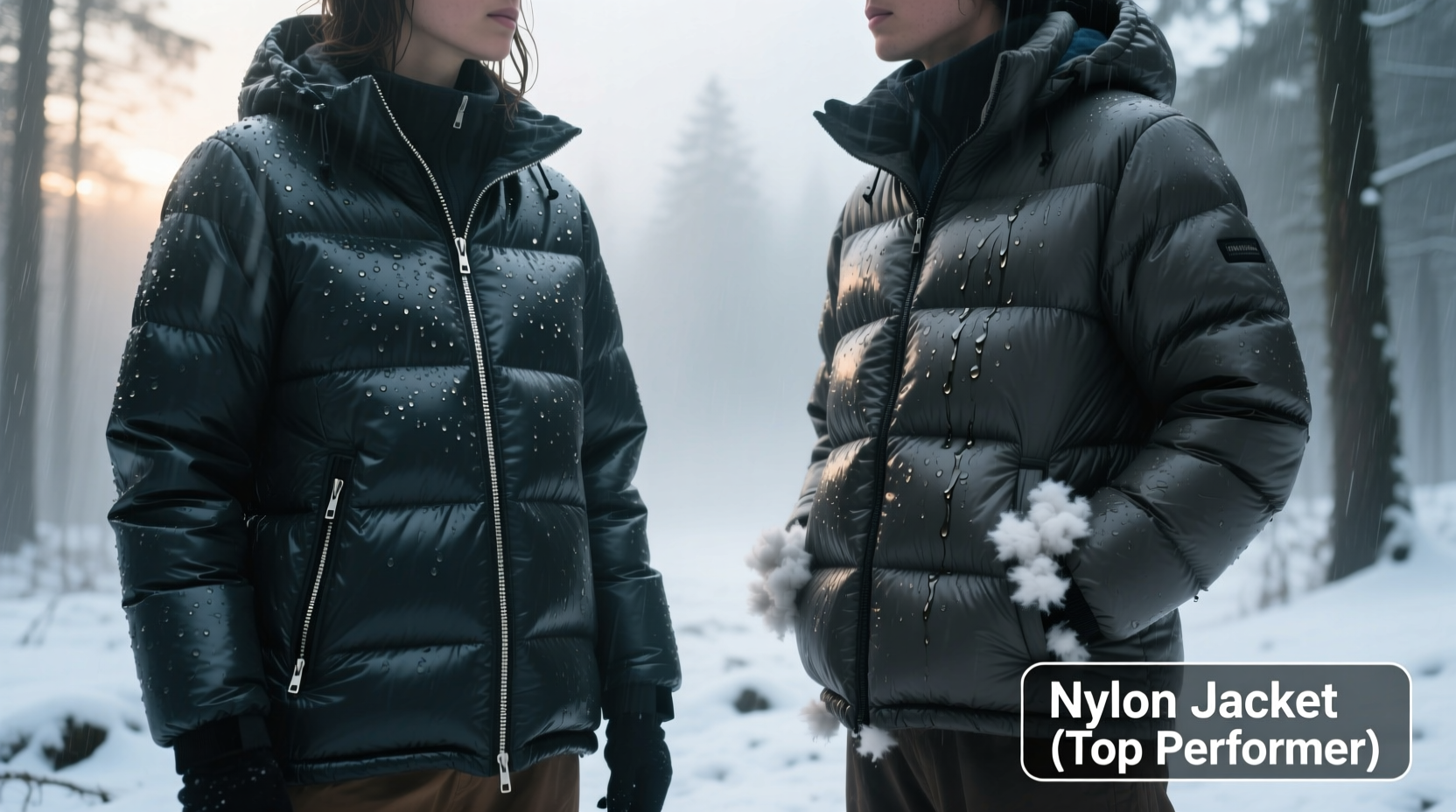nylon jacket vs down puffer which performs better in wet winter conditions