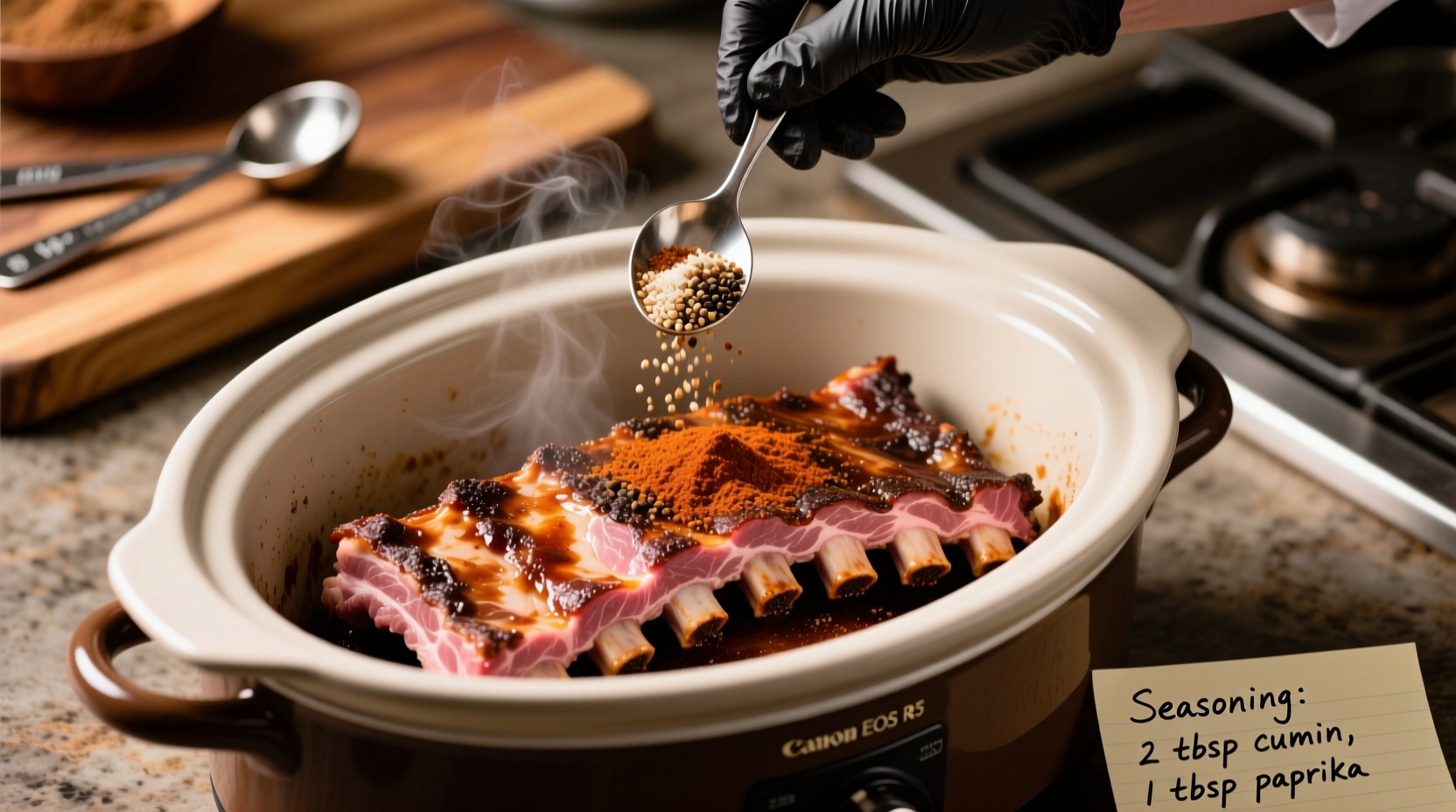 Slow cooker ribs preparation step showing seasoning application