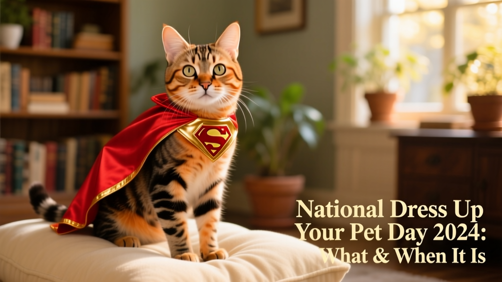 A tabby cat wearing a tiny superhero cape, looking curiously at the camera while perched on a cushion