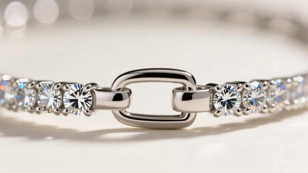 Macro shot of a 4mm iced-out moissanite tennis chain clasp, showing the secure fold-over safety latch and prong-set VVS stones.