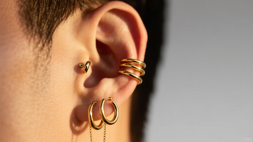 Male ear featuring a curated stack of 14k gold hoop earrings, threader chains, and a 16-gauge helix cuff in warm lighting.