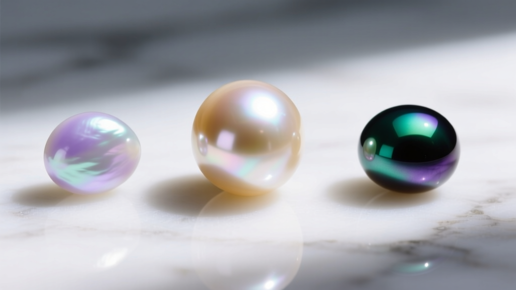 Macro shot of three pearls on marble: a round white Akoya, an off-round pastel Freshwater, and a dark peacock Tahitian pearl.