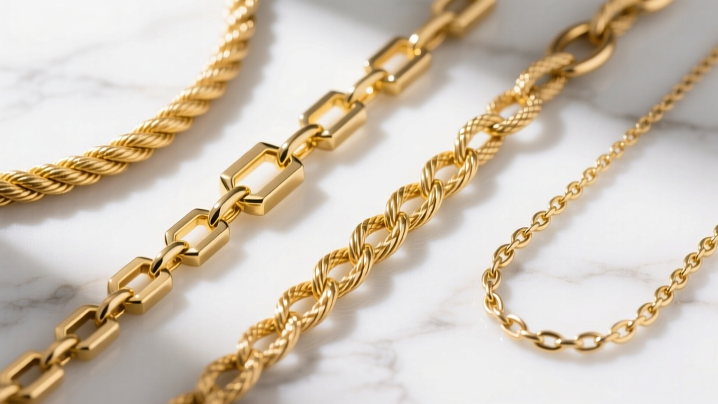Flat lay of four gold necklace chains including rope, box, cable, and Figaro links on white marble, top-down macro photo view.