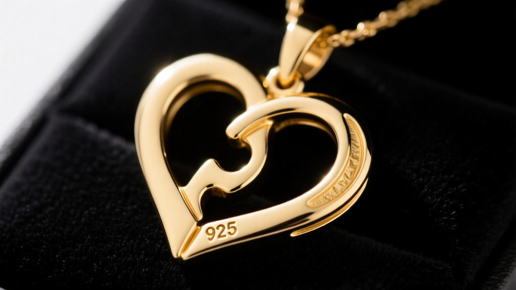 Macro photography of a 14k gold vermeil split heart pendant showing the interlocking puzzle edge and a tiny stamped 925 hallmark.