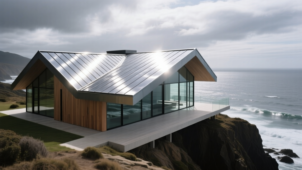 Modern coastal home with interlocking standing seam aluminium roofing materials reflecting sunlight against a cloudy ocean backdrop
