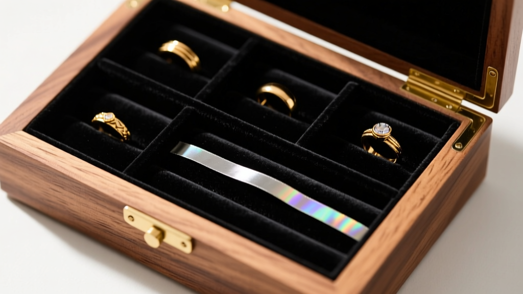 Wood jewelry box lined with black velvet, showing separate compartments for gold rings and an anti-tarnish strip, top-down view.