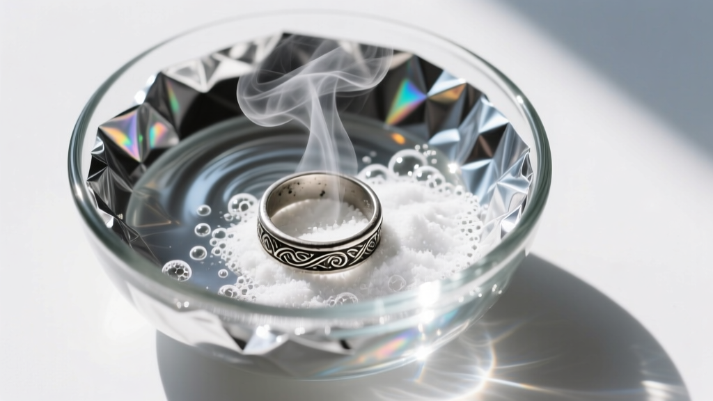 Glass bowl lined with aluminum foil filled with steaming water and baking soda submerging a darkened silver ring, overhead angle.