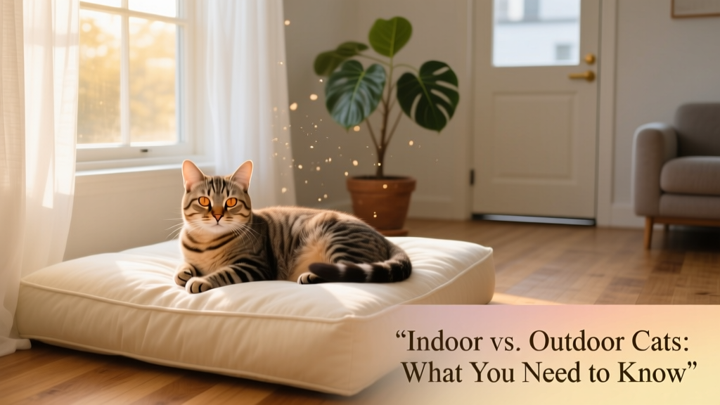 A senior cat resting comfortably on a soft indoor bed beside a sunlit window