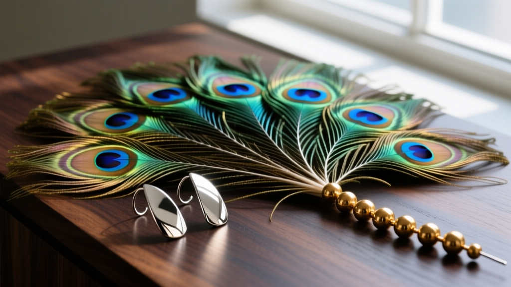 Flat lay of peacock feathers, titanium ear wires, and brass crimp beads on a dark wooden jeweler