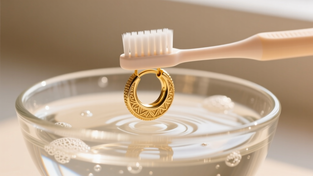 Soft baby toothbrush gently cleaning a textured 14k Italian gold huggie earring in a glass bowl of warm soapy distilled water.