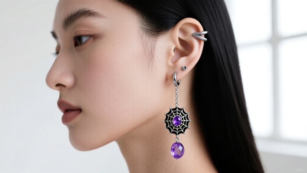 Side profile of a model wearing a 16-gauge titanium helix hoop with tiny purple amethyst and black onyx spiderweb charm drops