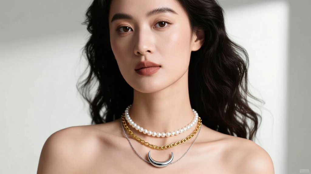 A stylish woman wearing a layered necklace stack featuring a small silver Italian horn, a pearl choker, and a medium gold chain
