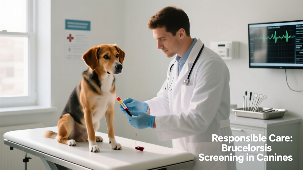 Veterinarian collecting a blood sample from a calm, seated dog in a clean exam room—symbolizing responsible diagnostics and care