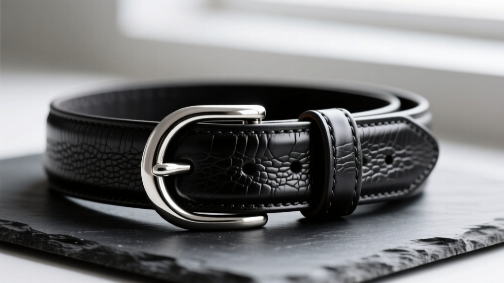 Close-up of a thick black full-grain leather dog necklace collar with a heavy 316L surgical steel O-ring, resting on dark slate