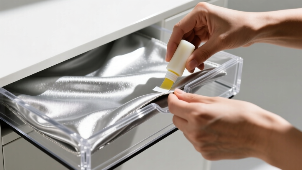 Close-up of hands applying acid-free adhesive to attach silver cloth to the bottom of a plastic jewelry drawer in bright light