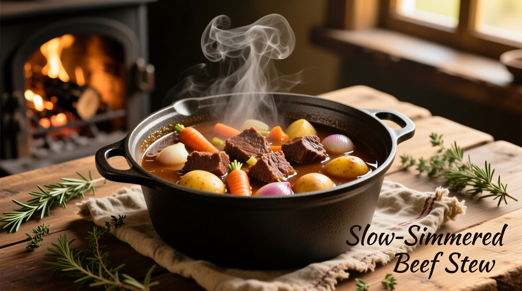 Beef stew simmering in cast iron pot with vegetables