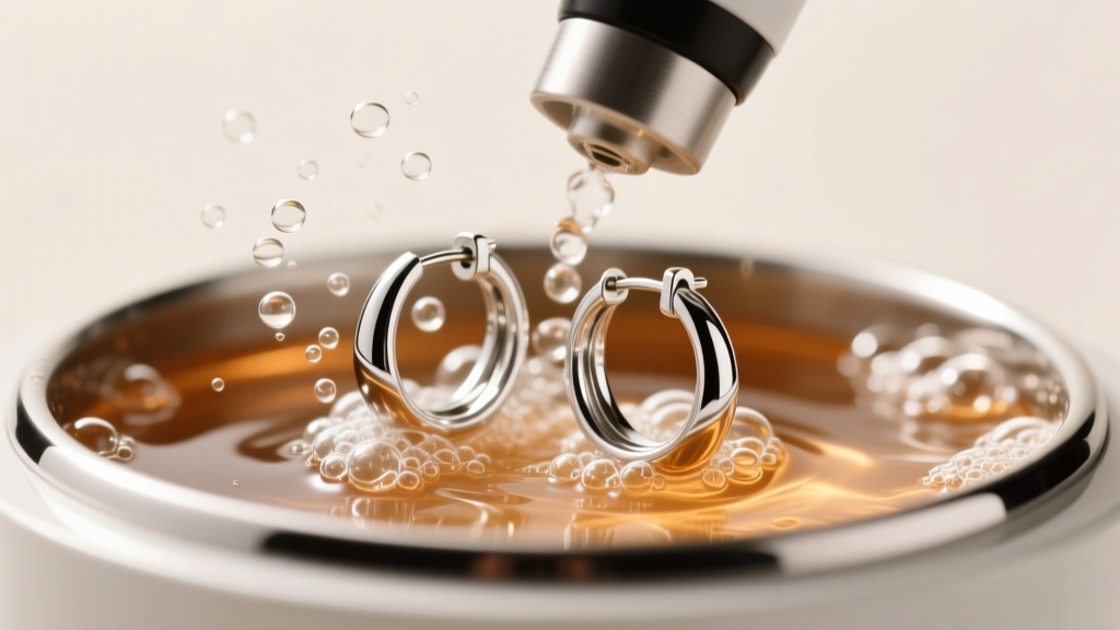 Ultrasonic jewelry cleaner with warm soapy water, submerged silver hoops, capturing active micro-bubbles in bright studio light.