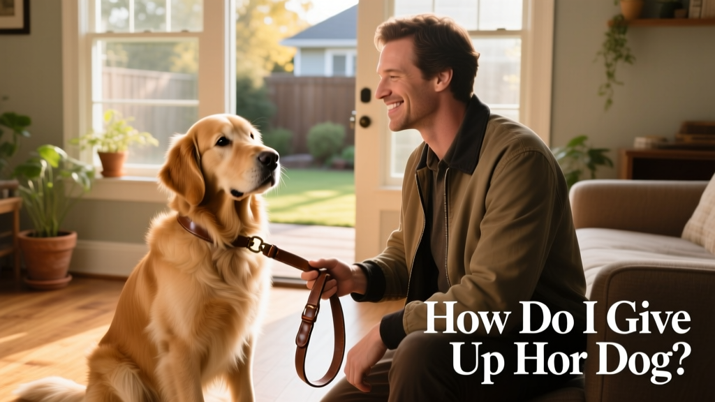 A calm, well-groomed dog sitting beside a smiling person holding a leash