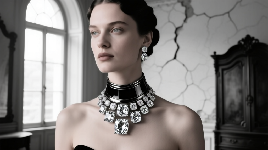 Lab-grown diamond choker inspired by 1880s Paris, featuring blackened silver settings and chunky cushion stones on a model.