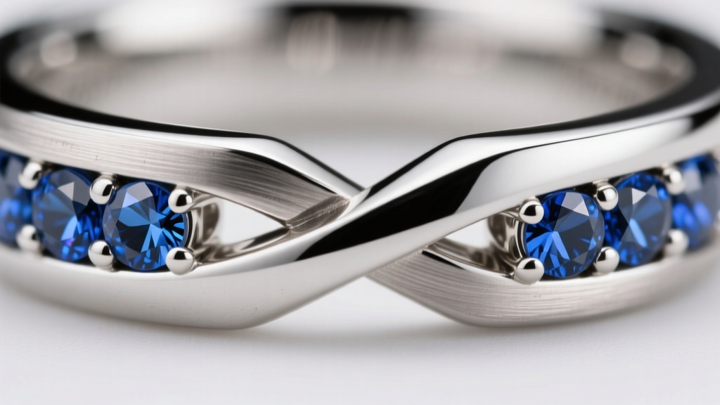 Extreme macro close-up of a platinum bypass ring shank showing the overlapping gap and secure bezel-set sapphire end caps.