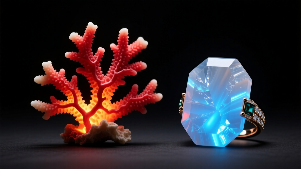 Macro view of natural red coral and dyed howlite imitations for chili pepper pendants under a UV jewelry inspection light.