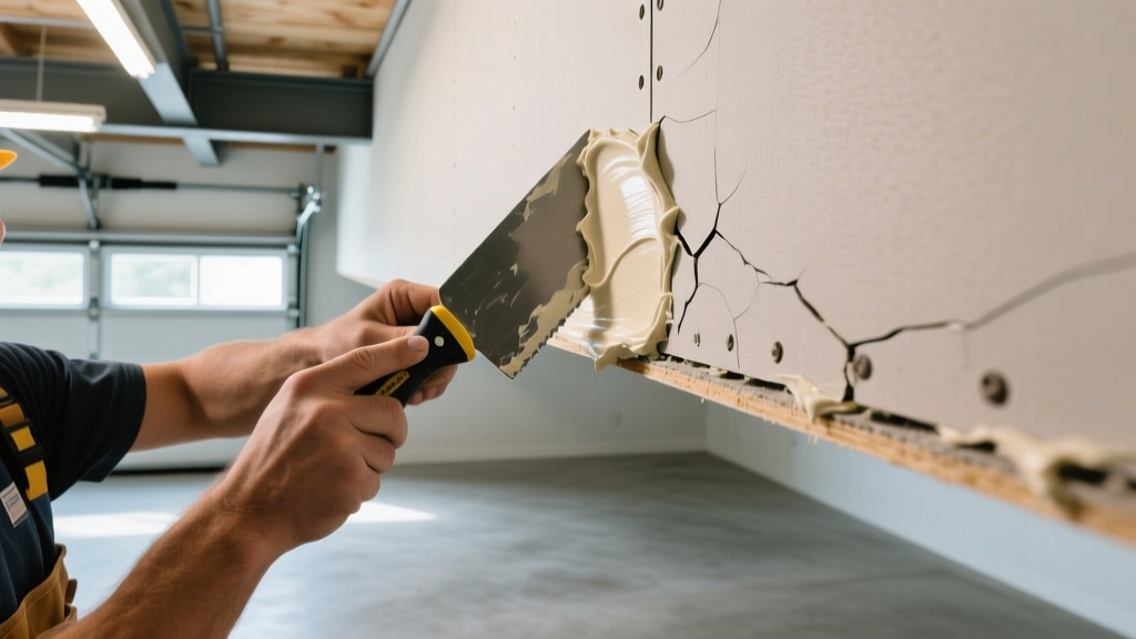 Taping knife applying setting compound to a cracked seam on a 5/8 Type X fire-rated gypsum board ceiling in a garage.