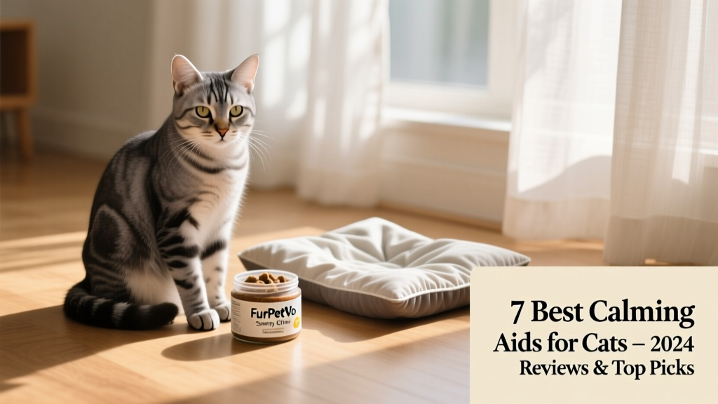 Cat calmly sitting beside an open FurPetVo Serenity Soft Chew jar and a used ZenBed mat