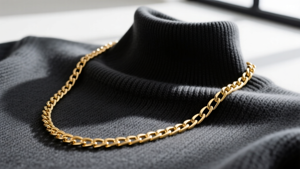 A 4mm 18k gold box chain resting on a charcoal merino wool crewneck sweater, highlighting the smooth, seamless flat metal links.