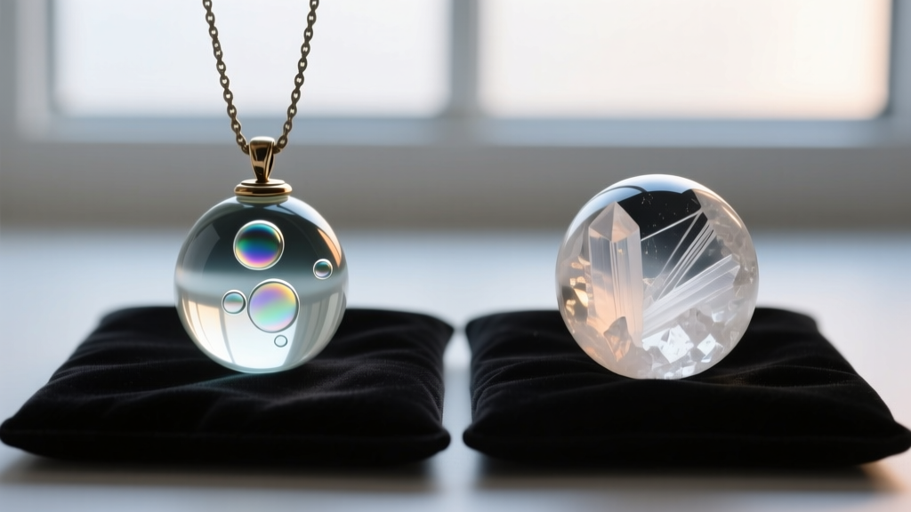 Side-by-side comparison of a vintage glass replica pendant with round air bubbles and a genuine quartz sphere on a dark velvet pad.