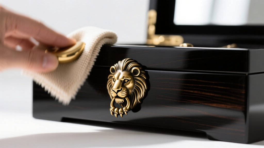 Close-up of a microfiber cloth polishing the solid brass animal drawer pull on a high-end designer lacquered wood jewelry box.