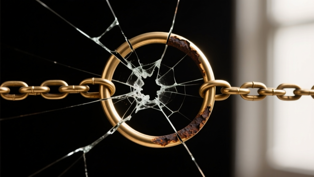 Macro shot of a broken brass jump ring on a thin chain showing dark oxidation and metal fatigue at the stress point on dark velvet