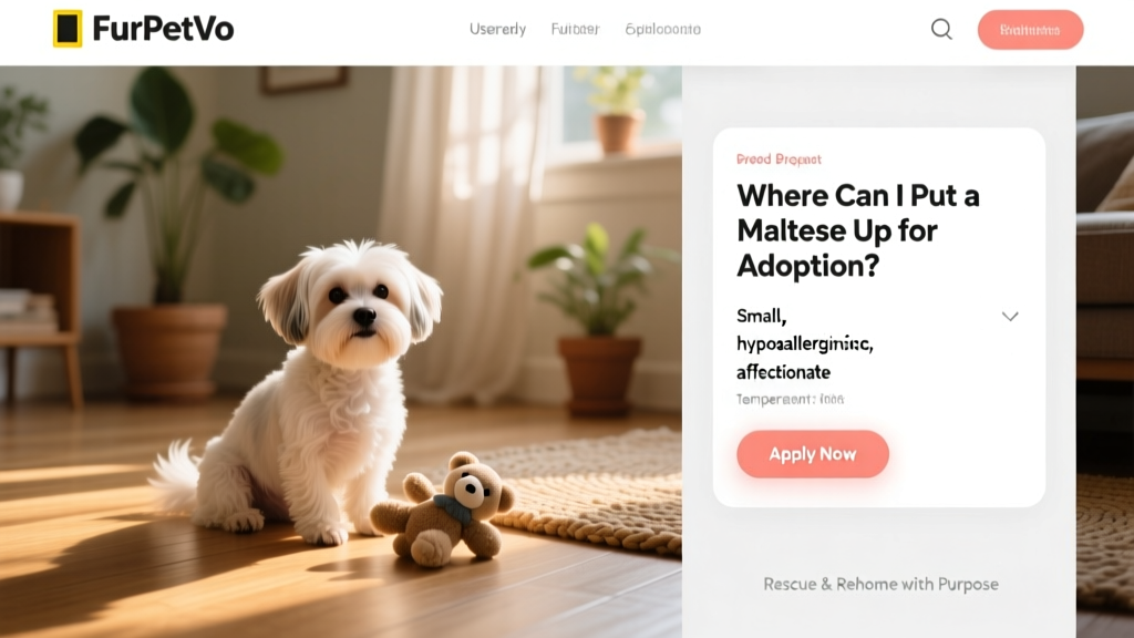 Screenshot-style image showing a clean, user-friendly FurPetVo listing page for a Maltese, with photo gallery and 'Apply Now' button