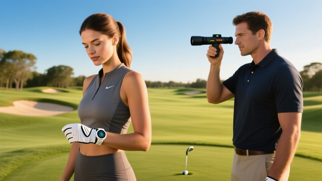 Female golfer on a sunny tee box checking a compact ceramic GPS watch while a male golfer looks on holding a laser rangefinder