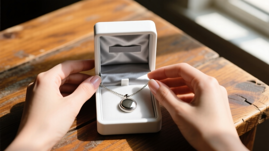 Hands placing a silver plated locket necklace into an airtight box with an anti-tarnish strip on a rustic wooden table
