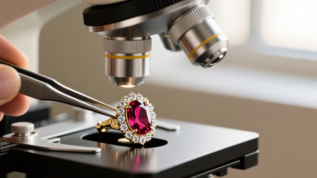 Jeweler using a microscope and tweezers to tighten a worn white gold prong securing an oval ruby in a diamond halo setting