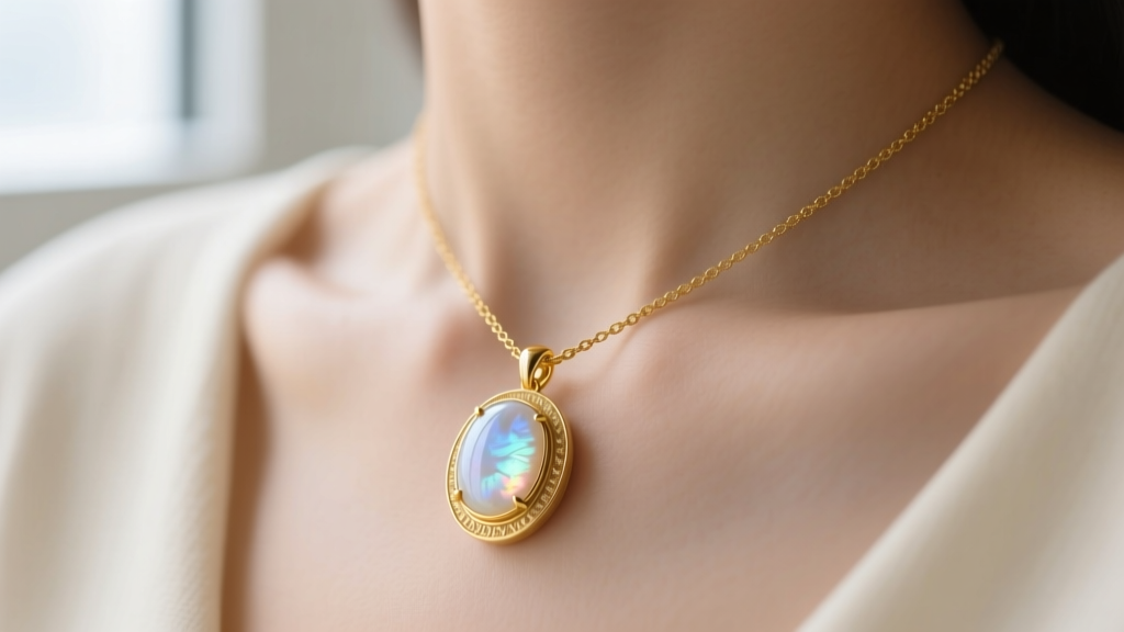 Close-up of a 14k yellow gold necklace with a full bezel-set oval cabochon moonstone pendant resting softly on a collarbone.