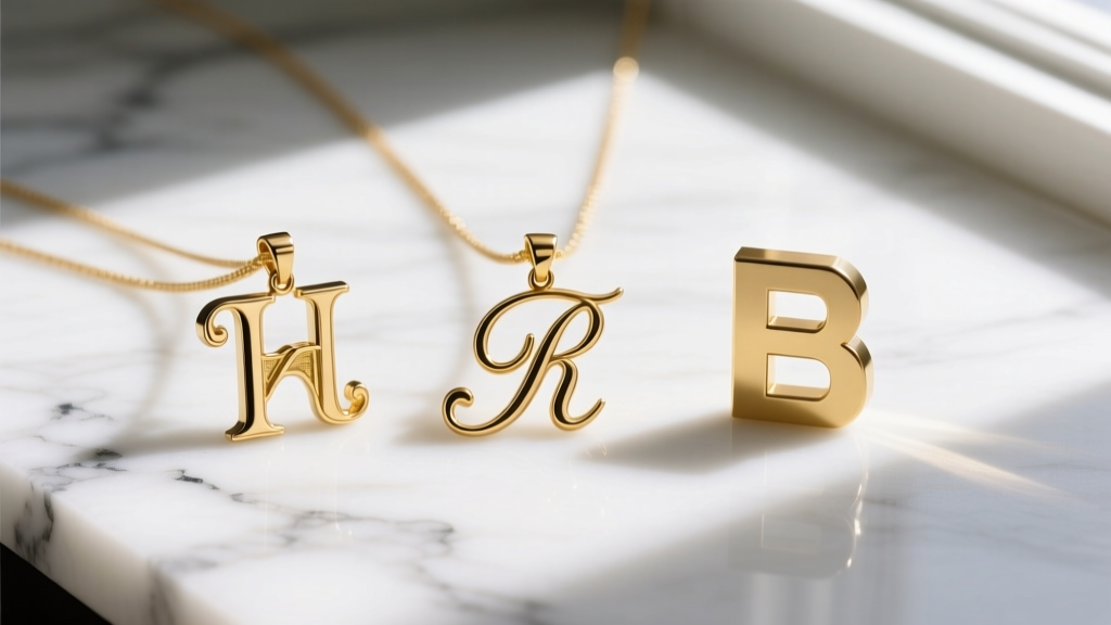 Flat lay of three gold initial pendants showing a vintage serif font, a flowing script, and a bold block font on white marble.
