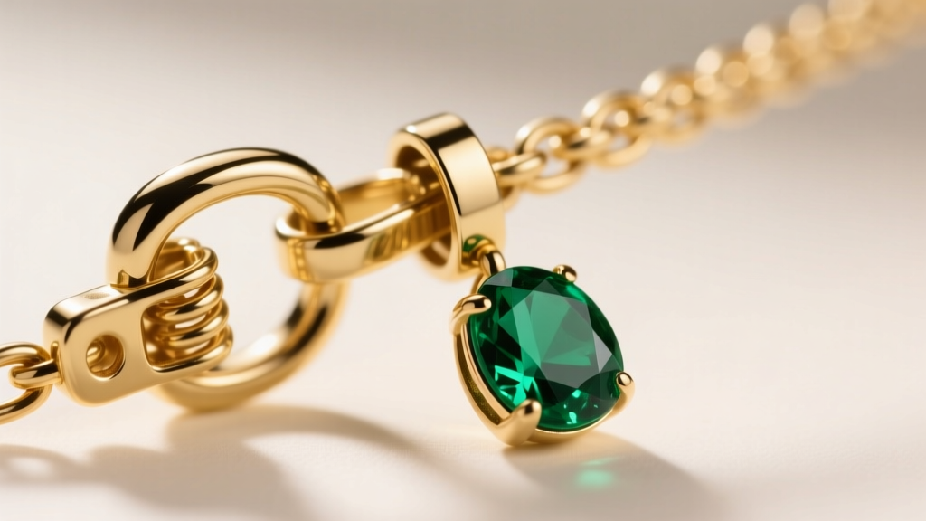 Macro shot of an 18k gold leverback clasp on an emerald drop, showing the secure locking hinge and thick 18-gauge wire structure