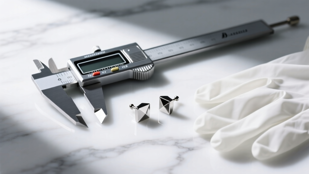 Digital caliper, nitrile gloves, and titanium labret studs resting on a white marble surface in soft directional lighting.